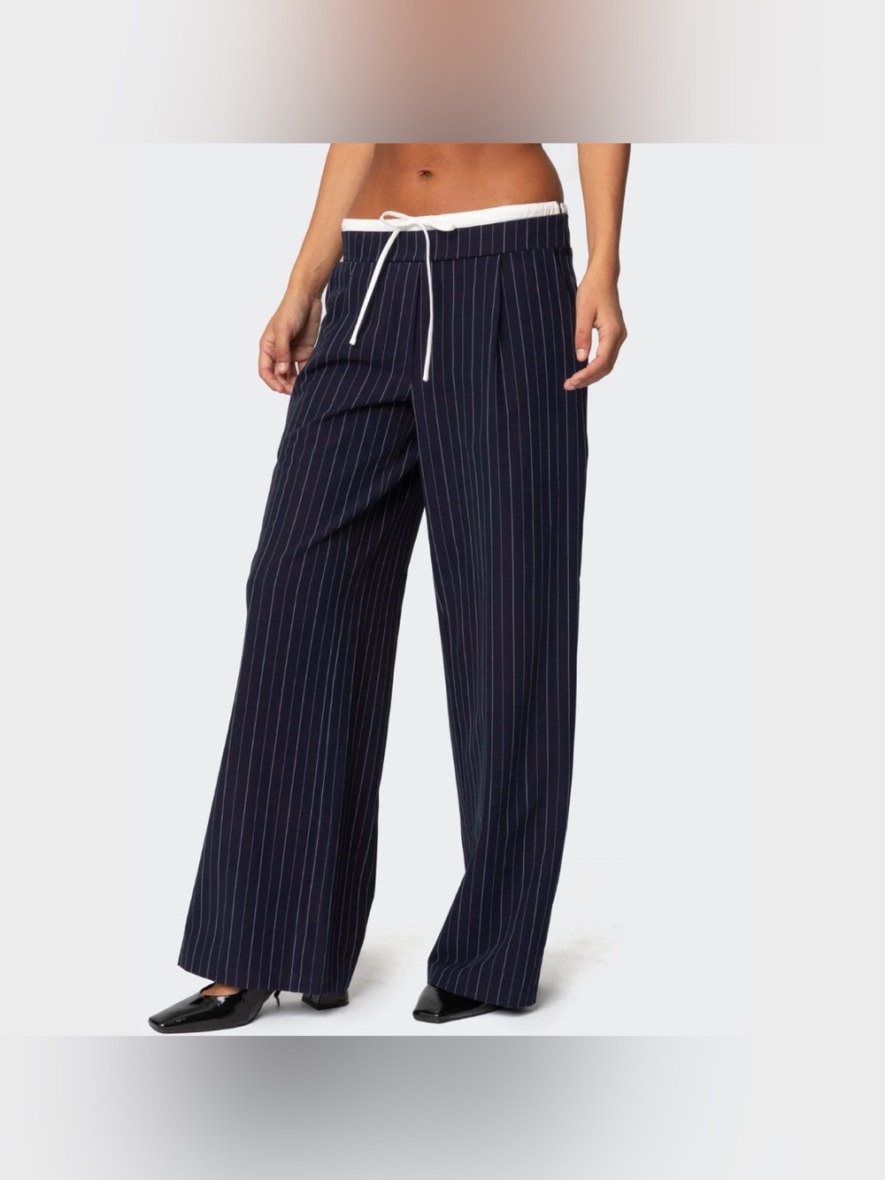Edikted Navy Pinstripe Wide-Leg Peekaboo Drawstring Pants - size S